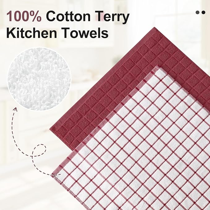 Homaxy Premium Cotton Kitchen Towels 16"x 28", Large Natural Ring Spun 390 GSM Dish Towels, Super Absorbent Terry Kitchen Hand Towels, Soft Tea Towels with Hanging Loop, Red Check Design,8 Pack