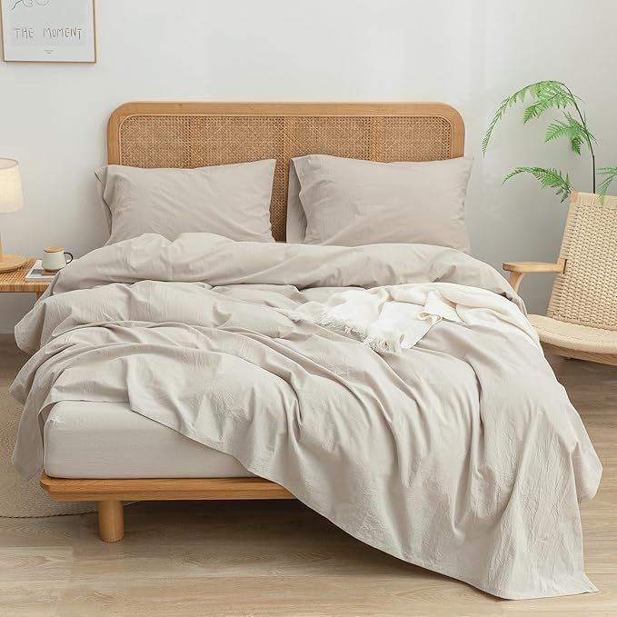 BESTOUCH Sheet Set 100% Washed Cotton Linen Feel Super Soft Comfortable Chic Lightweight 4 Pcs Home Bedding Set Solid Linen Grey Queen