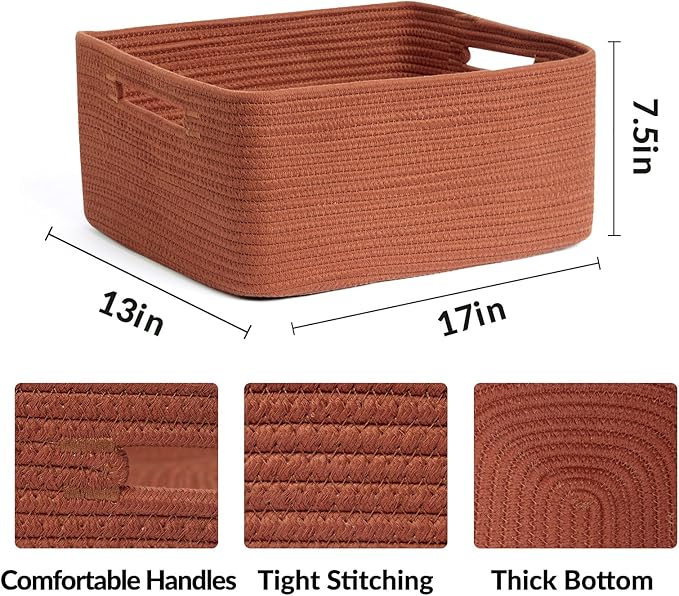 MiniArk Large Storage Baskets for Organizing, Closet Shelf Baskets for Clothes Blanket Towels, Baby Nursery, Toy Bins Box, Woven Rope Baskets, 17 x 13 x 7.5”, 4 Packs Oxide Red