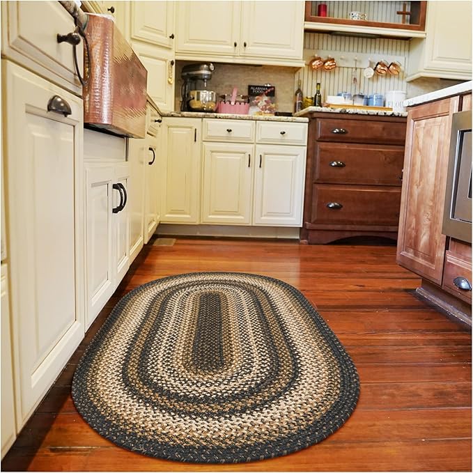 Homespice Kilimanjaro Black & Tan Oval Jute Rug 20x30 - Braided Kitchen Rugs for Primitive Farmhouse Kitchen Decor, Reversible, No Shed Jute for Easy Maintenance