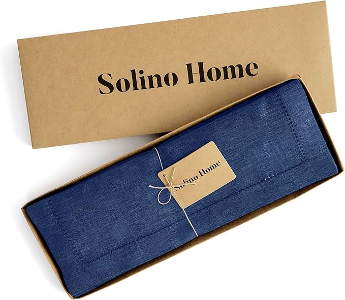 Solino Home Linen Cloth Placemats Set of 4-100% Pure Linen Hemstitch Chambray Navy Placemats 14 x 19 Inch - Milan Hemstitch Table Place Mats for Winter