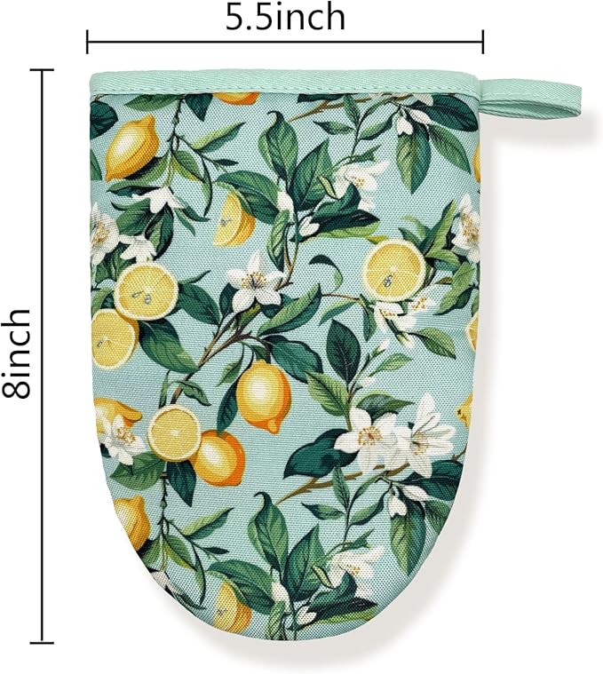 Lemon Yellow Floral Teal Mini Silicone Oven Mitts, Heat Slip Resistant Kitchen Gloves 2-Pack Set, Soft Short Small Oven Mittens Pot Holders for Baking Grilling Barbecue Microwave Gift