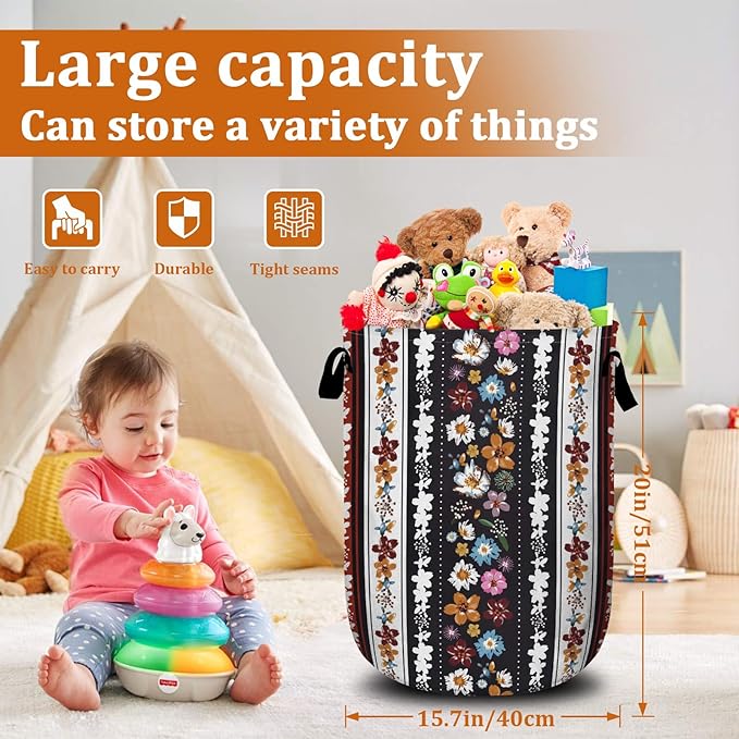Boho Stripe Flowers Laundry Basket with Sturdy Handles, Colorful Flower Collapsible Oxford Cloth Laundry Hamper Organizer Basket for Bathroom Bedroom 15.7x20 Inch