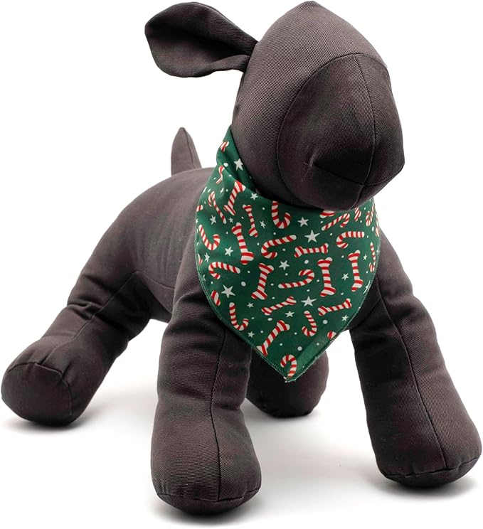 THE WORTHY DOG Classic Tie-On Dog Bandana – Soft Cotton Flannel Square Pet Bandana, Candy Cane Pattern, Green, Small