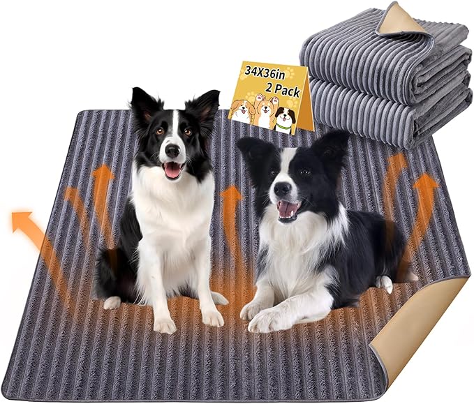 Dog Crate Mat, 2 Pack 34"×36" Flannel Washable Pet Mat for Dogs and Cats, Non-Slip Pet Pad for Kennel Training, Absorbs Urine and Waterproof Pad for Sofa Bed Crate Kennel Car Seat Floor（Gray）