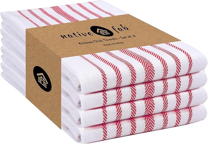 Native Fab 100% Cotton Red Kitchen Dish Towels Set of 4 Scandia Stripe 16"x26" - Herringbone Tea Towels, Dish Cloths for Drying Dishes, Absorbent Towels Set with Hanging Loop - Red White