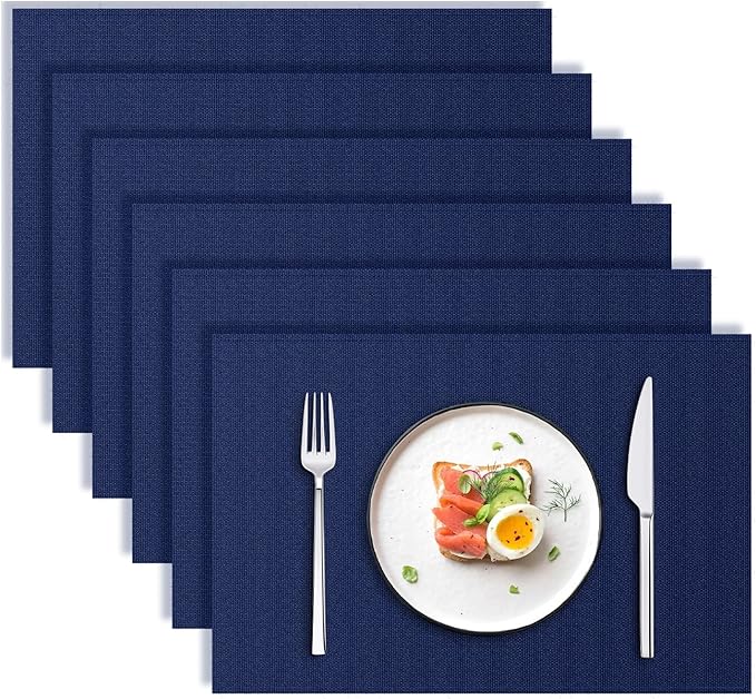 Blue Forest | Rectangular Faux Linen Placemats Set of 6 | Dual- Layered Thickened for Durability | Heat Resistant | Machine Washable | Wrinkle Free for Easy Care Indoor/Outdoor Use - Navy Blue