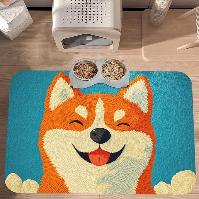 Shiba Inu Dog Food Mat for Floors Waterproof,Quick Dry Anti-Slip Dog Bowl Mats for Food and Water,Pet Feeding Mats,Pet Placemat for Messy Drinkers to Protect Floors,Pets Supplies 23.62×15.75in