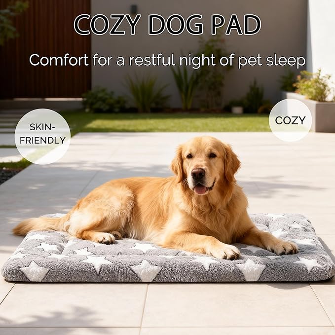 Fogkiss Dog Bed Mat, Reversible Crate Pad & Durable Dog Bed - Machine Washable Kennel Mat with Ultra Soft for Large Dogs (Cool/Warm), 35" x 23", Grey&Star
