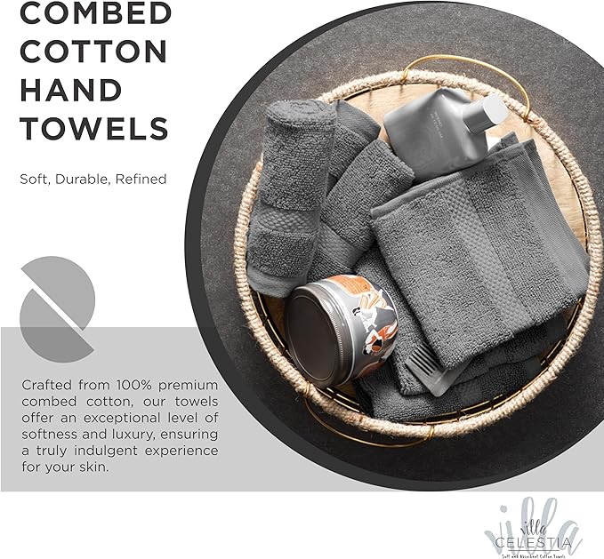 Villa Celestia 100% Cotton Hand Towel Set of 2, (16 x 28 inches) Sustainable, Soft, Highly Absorbent, Quick Drying, Combed Cotton Hand Towels Pack of 2 Ideal for Hotels, Spa, Bathroom, Dorm, Grey