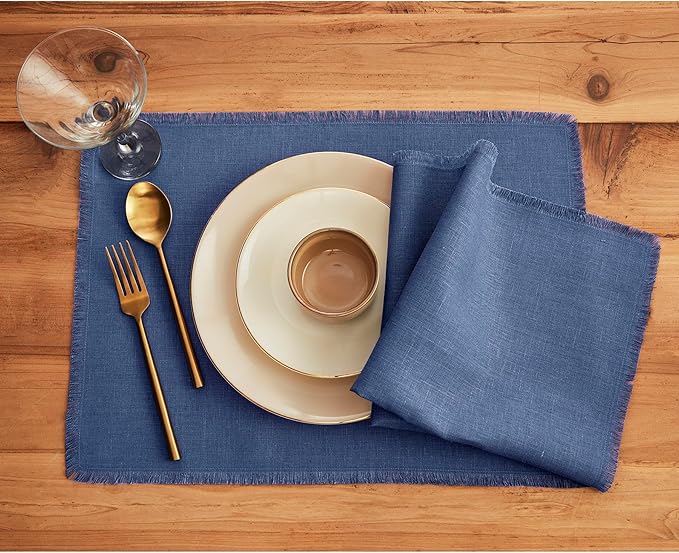Solino Home Fringe Linen Cloth Napkins Set of 4-100% Pure Linen Vintage Blue Dinner Napkins 20 x 20 Inch for Winter, Spring, Easter - Handcrafted and Machine Washable