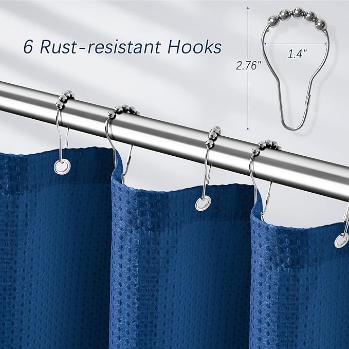 PANGSINNE Classic Blue Stall Fabric Shower Curtain - Water Repellent Waffle Textured 256GSM Heavy Duty Cloth Shower Curtains for Bath Tubs, Narrow Hotel Quality Bath Curtain Set with 6 Hooks, 36Wx72H