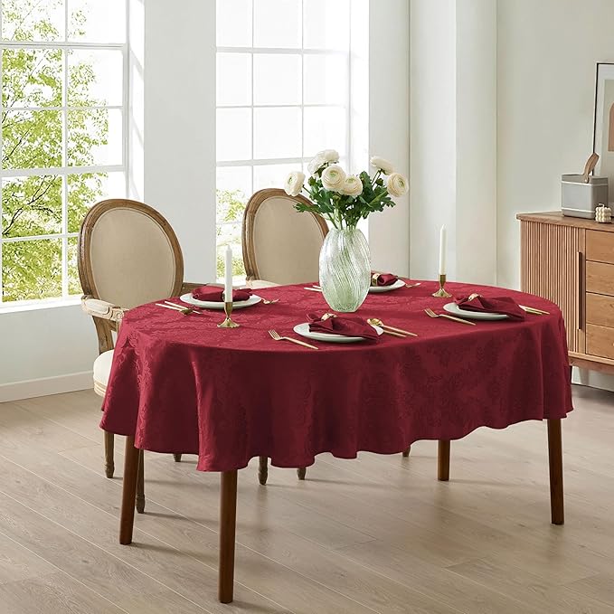 Newbridge Barcelona Damask Fabric Tablecloth, 60 x 84 Inch Oval, Burgundy – No Iron, Soil Resistant Table Cover for Dining, Parties and Holidays