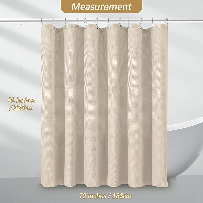 PANGSINNE Beige Fabric Shower Curtain - Waffle Textured Heavy Duty Shower Curtains for Bathroom, 256GSM Hotel Spa Luxury Weighted Bath Curtain with 12 Hooks, 72x90, Beige