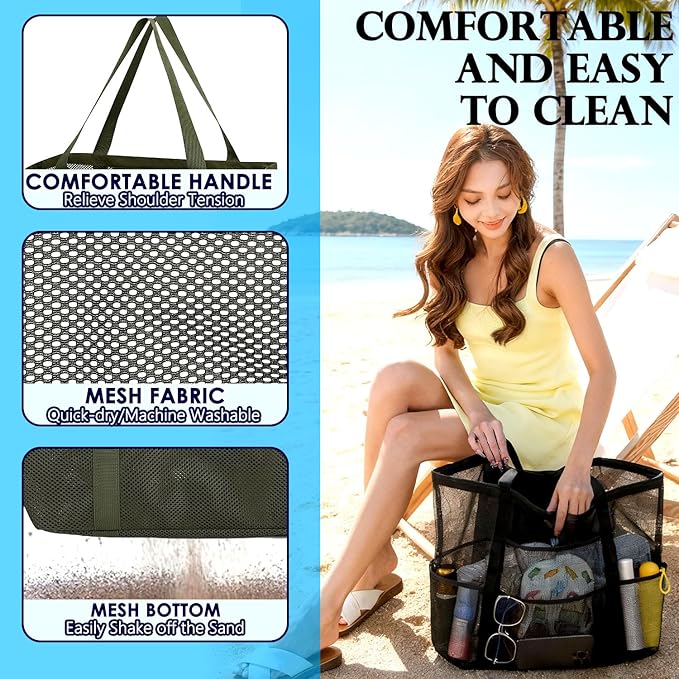 Fammart Mesh Beach Bag, Large Beach Tote with Zipper Pocket for Family Pool Bag for Toys & Vacation Essentials
