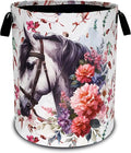 White Horse Flowers Laundry Basket Oxford Cloth Funny Laundry Hamper With Handle Foldable Portable Clothes Storage Basket 18.9 X 16.5 Inch Storage Bag For Laundry Room/Bathroom/Bedroom/Dormitories