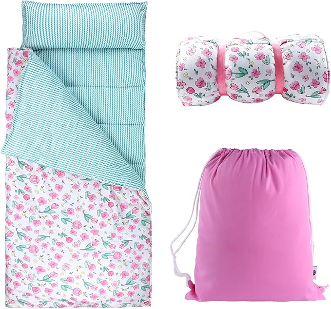 Hi Sprout Toddlers Nap Mat with Removable Pillow and Soft Blanket, Lightweight Daycare Preschool Kindergarten Sleeping Bag, Travel Slumber for Kids Girls Boys
