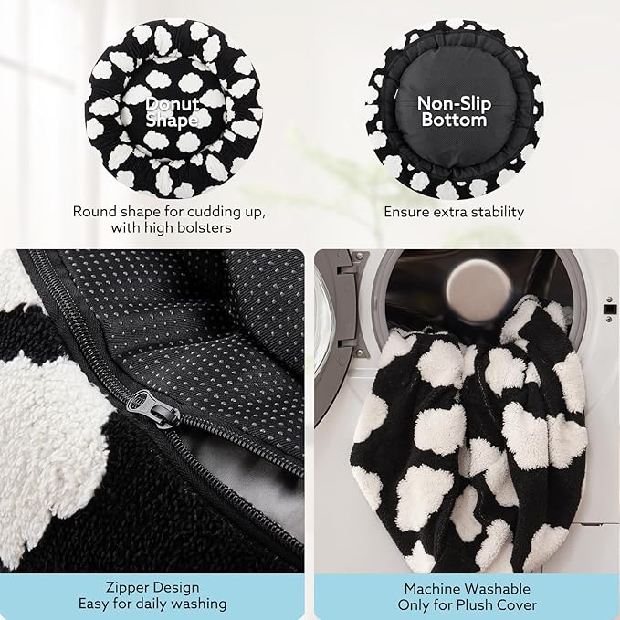 JOEJOY Donut Large Dog Bed, Cute Round Calming Dog Bed with Removable Washable Cover, Orthopedic Pet Beds with Jacquard Shaggy Plush & Non Skid Bottom, Black