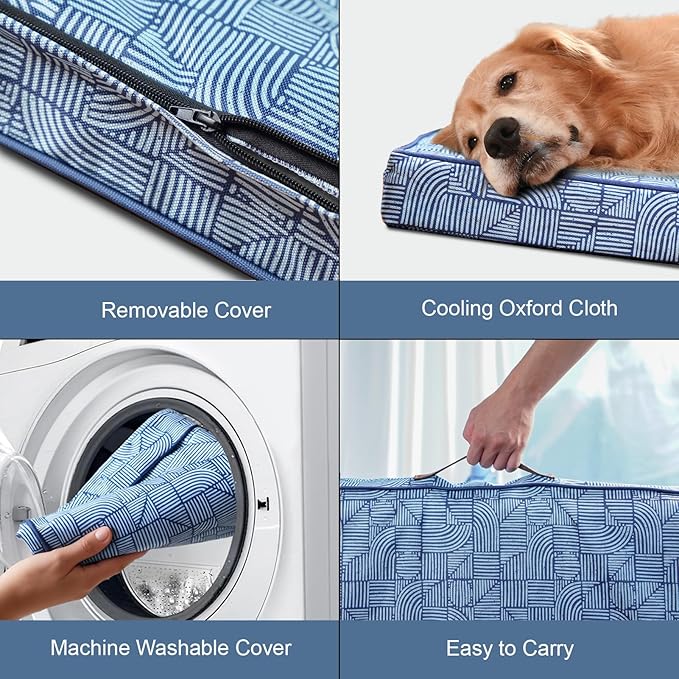 Tail Stories Outdoor Large Washable Dog Bed, Orthopedic Egg Crate Foam Dog Crate Mat for Large Dogs with Removable Oxford Cooling Cover, White Blue