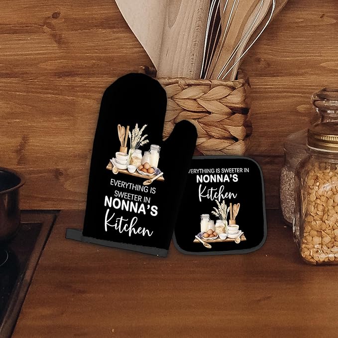 Nonna Gifts Oven Mitts and Pot Holders Sets, NonnaGifts from Grandkids Kitchen Accessories Sets, Sweeter in Nonna’s Kitchen Grandma Heat Resistant Oven Glove Potholders for Cooking Baking