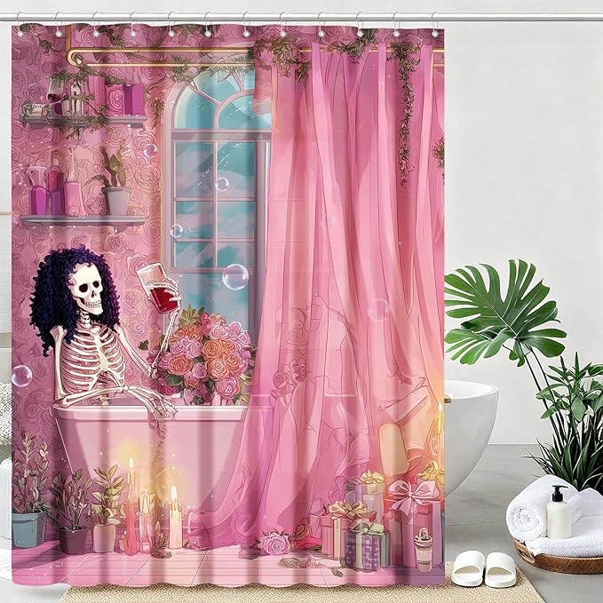 mutakin Gothic Skull Shower Curtain Funny Retro Floral Shower Curtains for Bathroom Waterproof Fabric Bath Curtain Decor with Hooks