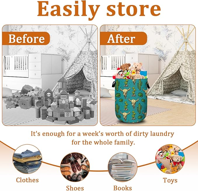 Colorful Desert Cowboy Laundry Basket with Sturdy Handles, Collapsible Oxford Cloth Laundry Hamper Organizer Basket for Bathroom Bedroom 15.7x20 Inch