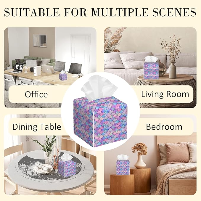 POIUBLE Tissue Box Holder Mermaid Scales Tissue Box Cover Square Leather Tissue Holder Organizer Portable Decorative Facial Paper Case for Home Office Bathroom Vanity Countertop