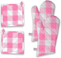 Buffalo Plaid Check Oven Mitts and Pot Holders Set, 100% Cotton, Heat Resistant, 2 Oven Gloves (7x13 Inches) and 2 Hot Pads (8x8 Inches) for Cooking and Baking, Rose Pink White