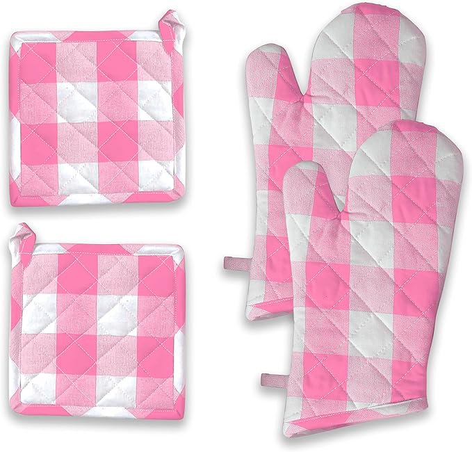 Buffalo Plaid Check Oven Mitts and Pot Holders Set, 100% Cotton, Heat Resistant, 2 Oven Gloves (7x13 Inches) and 2 Hot Pads (8x8 Inches) for Cooking and Baking, Rose Pink White