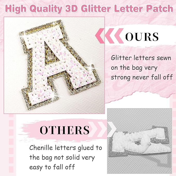 Small Initial Patch Makeup Bag Personalized Gifts Make Up Bag,White Cute PU Leather Glitter Letter Cosmetic Bag with Zipper,Trendy Portable Travel Toiletry Pouch,Preppy Stuff for Teen Girls Women T