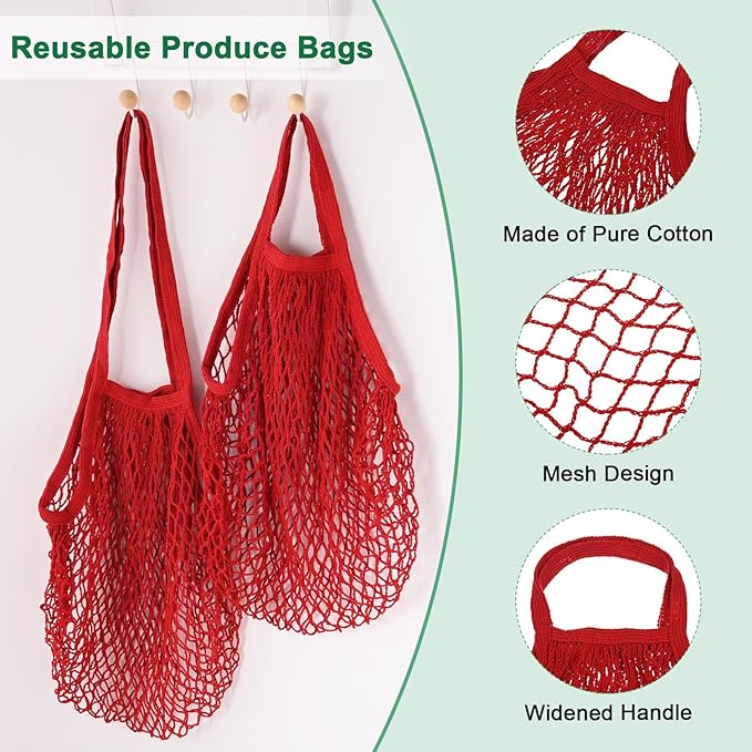 M METERXITY 2-Pack Cotton Mesh Bag, Reusable Washable Mesh Net String Grocery Bags, Reusable Produce Bags with Handle, Net Tote Bag for Fruits/Vegetables Shopping [Red, Long&Short Handle]