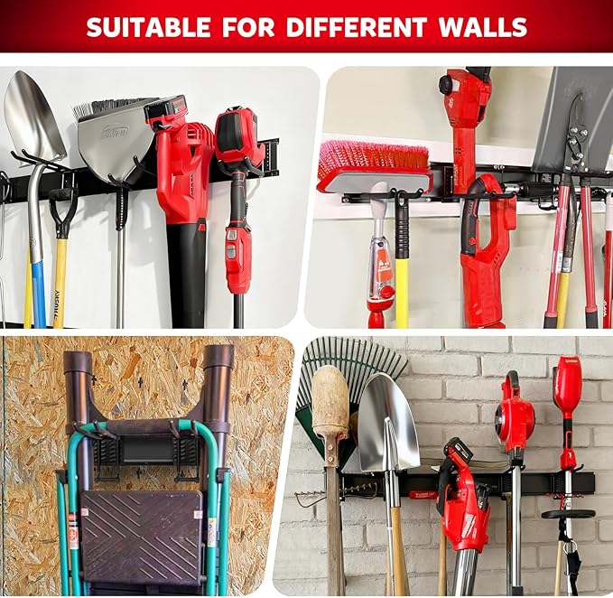 WEZAFO 64 Inches Garage Tool Organizer Wall Mount, Tool Storage Rack Wall Mount, Heavy Duty Garden Wall Organizer System for Yard, garage and Shed, Tool Holder for Hanging Rake Snowboard Broom Mop