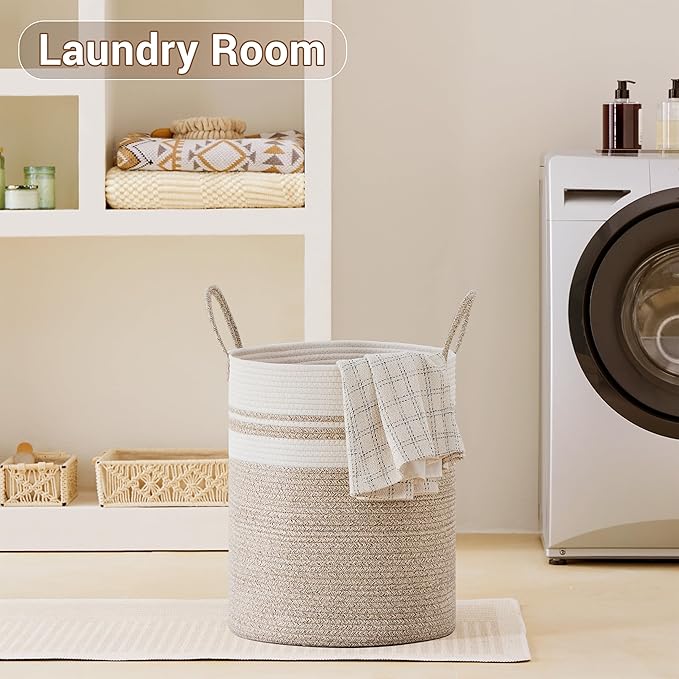 SunNewt Tall Laundry Basket with Handles, 53L Portable Dirty Clothes Hamper, Boho Cotton Rope Storage Bin for Blankets Kids Toys Gifts, Decorative Organizer for Nursery Bedroom Bathroom, New Brown