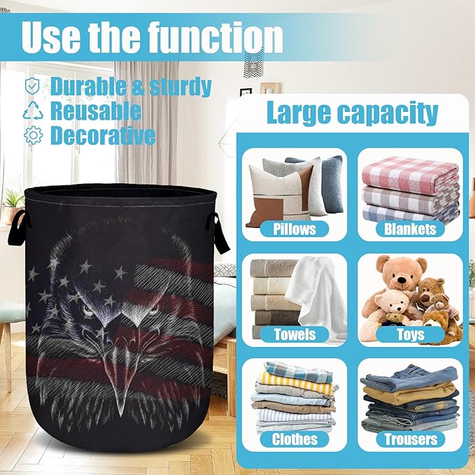 American Flag Eagle Laundry Basket, Laundry Hamper Collapsible Oxford Cloth with Handle Clothes Toy Storage Bin for Bathroom Laundry Room Bedroom 15.7 X 20 Inch
