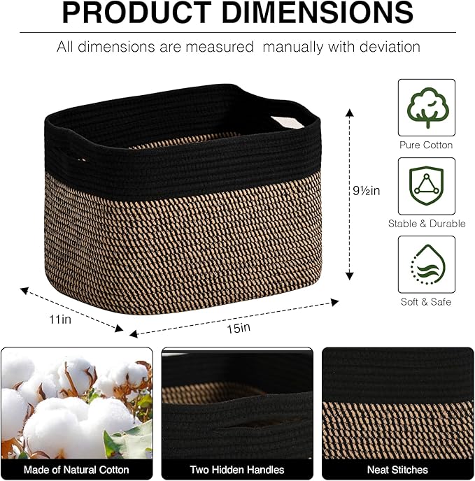 ICERZCZ Woven Cotton Rope Storage Basket for Organizing, Cute Decorative Baskets for Gifts Empty, Organizer Bins for Dog Toy, Baby Laundry, 15“×11”×9.5“, Jute & Black