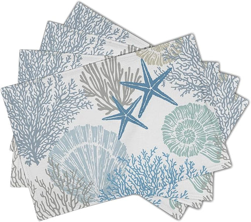 aportt Nautical Placemats Set of 4 Starfish Beach Theme Ocean Seashell Washable Non-Slip Heat Resistant 12×18 Inch Coastal Summer Thick Place Mats Decorative Linen Fabric Table Mat for Dining (FF)