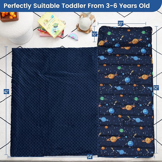 PHF Toddler Nap Mat with Removable Pillow and Minky Fleece Blanket, Rollup Design Warm Slumber Bags for Boys, 52"x20"x2" Kids Sleeping Bag for Daycare Preschool Travel Camping, Space