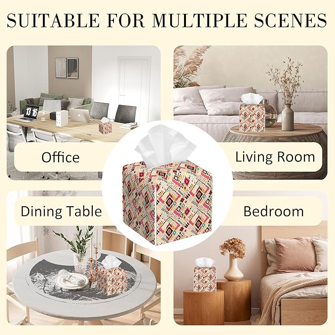 POIUBLE Tissue Box Holder Tribal Geometric Tissue Box Cover Square Leather Tissue Holder Organizer Portable Decorative Facial Paper Case for Home Office Bathroom Vanity Countertop
