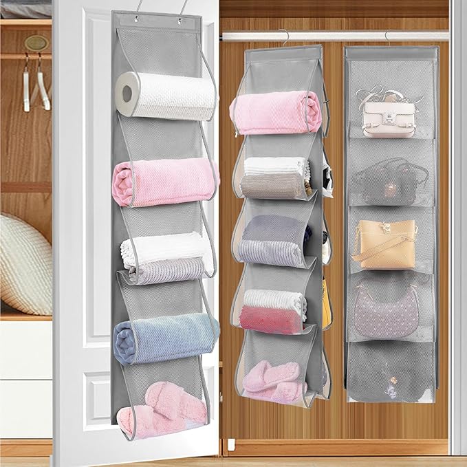 TEMUORG 2 Pack Over the Door Hanging Vinyl Organizer Embroidery Stabilizer Holder Purse Storage for Closet Bath Towel Hanger Scarf Container 5 Large Pockets (One Side)