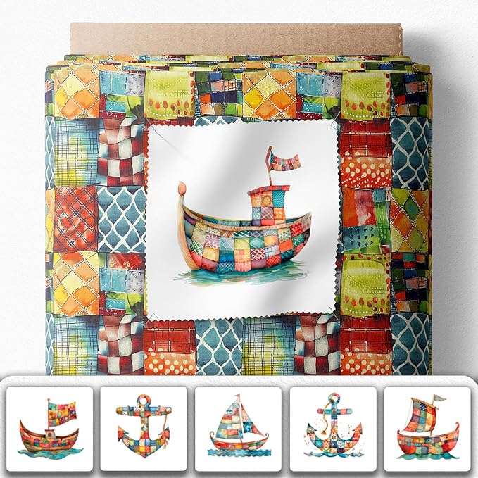 Patchwork Boat Cotton Fabric Panel – Six 10×10 inch Designs + Bonus 29.5×19.6 inch Patchwork Sheet, 100% Turkish Cotton 140 GSM