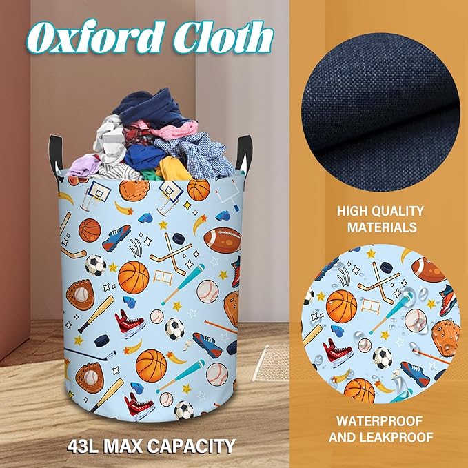 Sports Laundry Basket for Boys and Girls, 43L Round Oxford Cloth Laundry Hamper, Waterproof Collapsible Storage Organizer Bin with Handles for Toys, Gifts for Chritsmas Thanksgiving 13.8x17.7inin