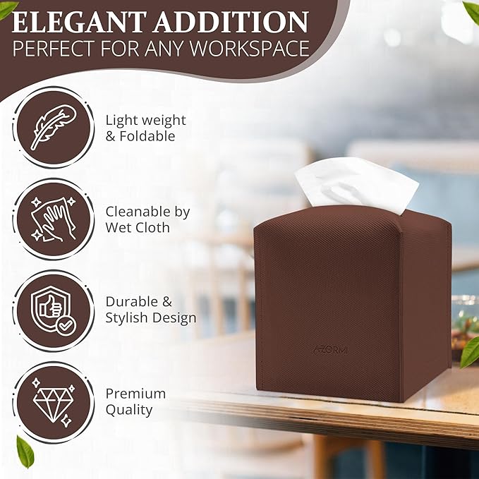 Tissue Box Cover, PU Leather Tissue Box Holder with Bottom Belt, Modern Square Tissue Box Covers with Wide Opening (Brown, Woven Patterns)