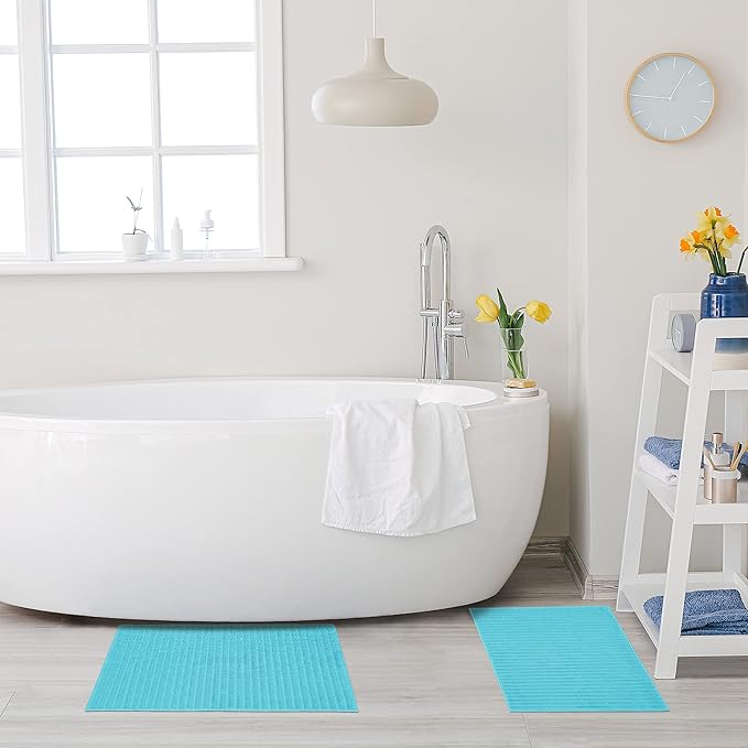 Superior Striped Bath Mat 2-Pack, 100% Combed Cotton, Luxury Spa Ribbed Texture, Durable and Washable Bathroom Mats - Turquoise, 22" x 35" each