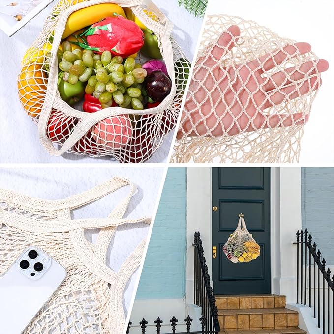 wutfuooo 12 Pieces Reusable Mesh Grocery Bags Portable Cotton Produce Containers Washable Net Mesh Reusable Tote Bag with Handle String Shopping Organizer for Fruit Vegetable Shopping Storage Market