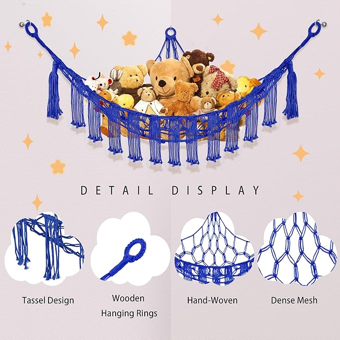 CERETIA Stuffed Animal Hammock with LED Light, Large Stuffed Animals Storage Corner Plushie Net for Kids Room Decor, 2 Packs Royal Blue