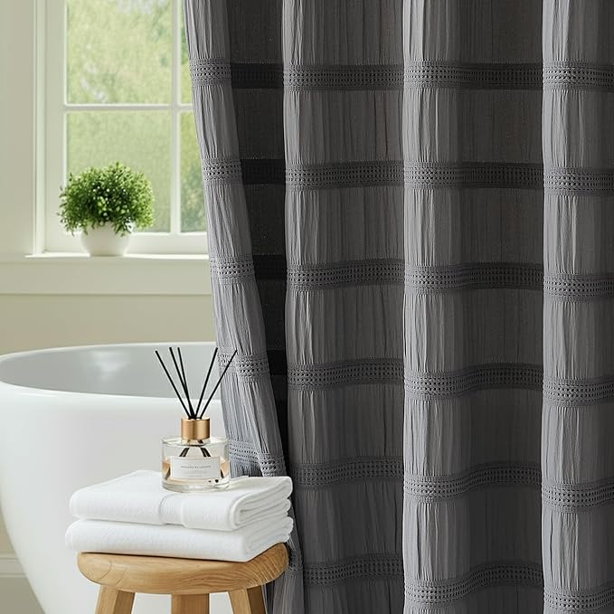 Lameirose Extra Long Grey Shower Curtain Farmhouse,72 x 78 Cotton Blend Waffle Tufted Striped Chic Textured Fabric Shower Curtain for Bathroom, Hotel