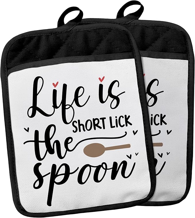Funny Pot Holders with Pockets, Life is Short Lick The Spoon Funny Kitchen Gifts Pot Holders Heat Resistant Oven Mitts Hot Pads for Kitchen Baking Cooking,Potholders for Kitchens