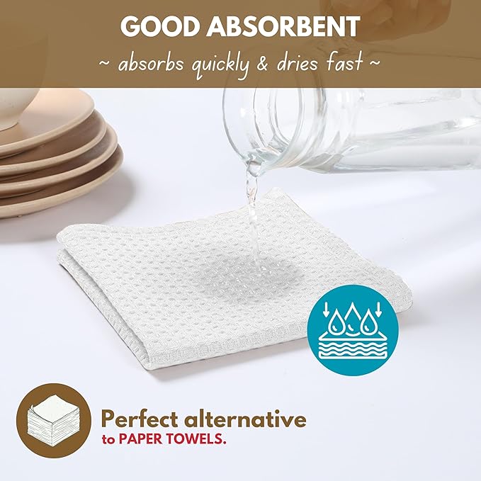 Native Fab Waffle 18 Pack Dish Cloths - 100% Cotton, Absorbent, Quick Drying, Washable Towels for Cleaning, Cooking & Baking - Great for Home, Restaurants, Cafes, Bars, Everyday Use, 12"x12", White
