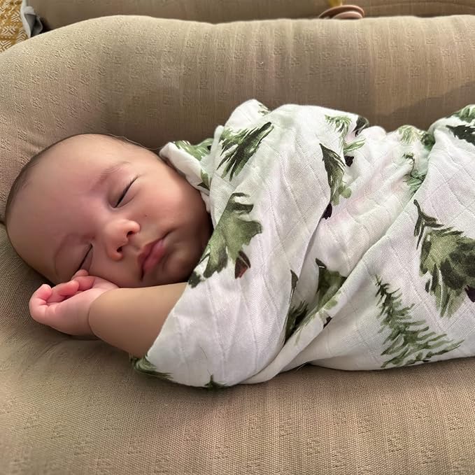 LifeTree Muslin Swaddle Blankets, Woodland Baby Swaddling Wrap Nursery Receiving Blanket for Boys & Girls Unisex, Soft 70% Viscose from Bamboo and 30% Cotton, Large 47 x 47 inches