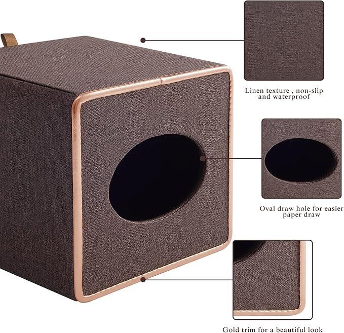 RHCSZ Linen Square Tissue Box Cover,Cube Tissue Box Holder－Excellent Rosegold Leather Decoration,Table Napkin Case Dispenser,Facial Tissues Organizer with Magnetic Bottom for Home Office Car(Coffee)